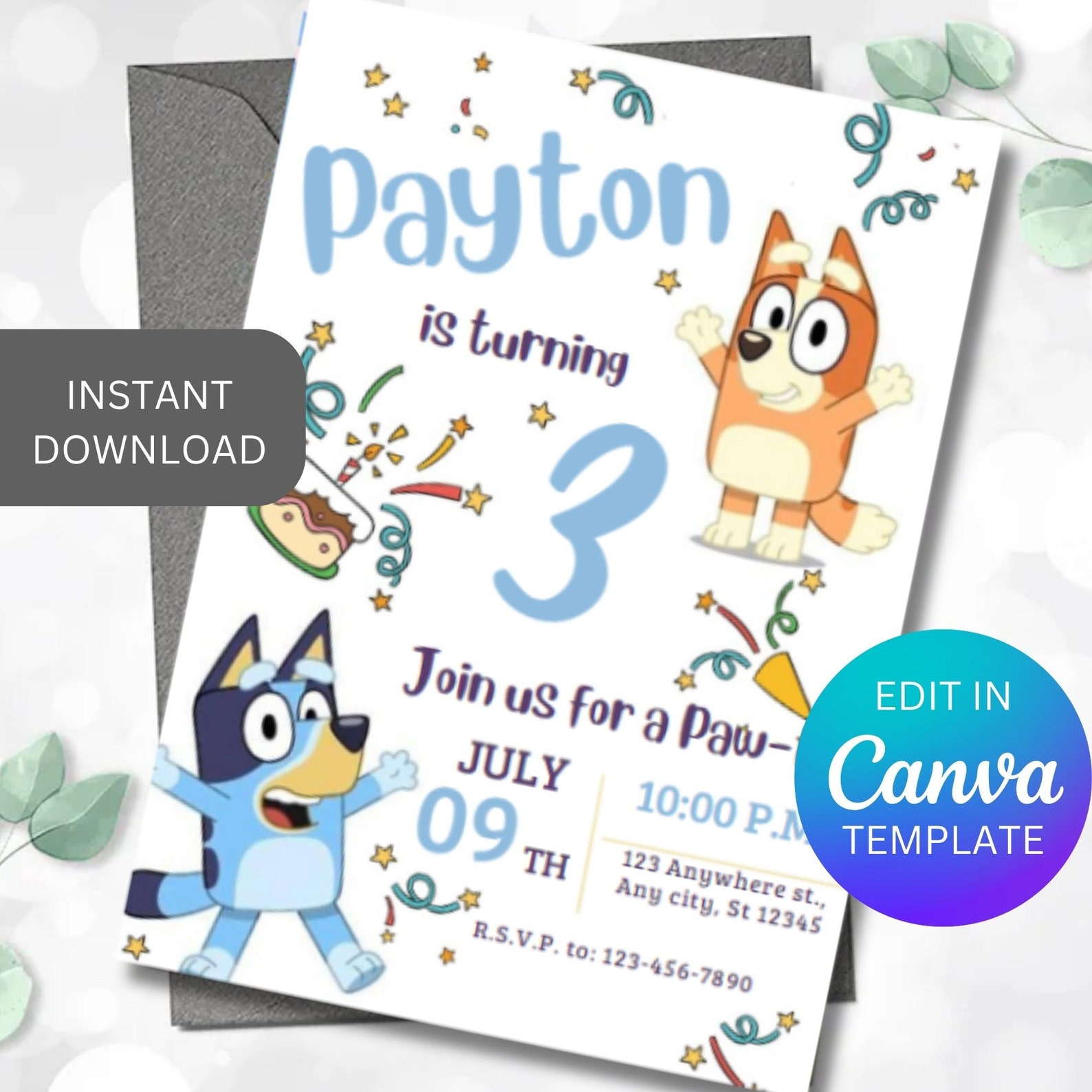 Bluey Birthday Invitation, Party Invite Template, Editable CANVA ...