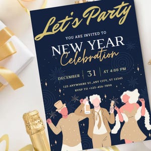 Digitale Silvesterpartyeinladung, druckbare Einladung, Frohes neues Jahr 2025, Neujahrsparty einladen, Silvester lädt ein, bearbeitbar