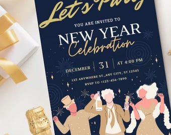 Peut inclure: Une invitation de fête bleu marine avec des lettres dorées indiquant "Let's Party" et "New Year Celebration". L'invitation comprend la date, l'heure et les informations RSVP. L'illustration montre trois personnes en fête.