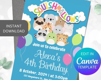 May include: A blue birthday invitation with the words "Calling all Squishmallows" and cartoon animal characters. The invitation includes details for Alexa's 4th birthday, with balloons and the option to edit in Canva.