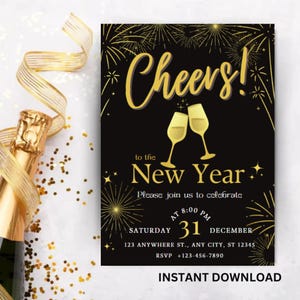 Digitale Silvesterpartyeinladung, druckbare Einladung, Frohes neues Jahr 2025, Neujahrsparty einladen, Silvester lädt ein, bearbeitbar