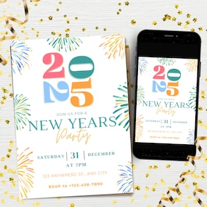 Digitale Silvesterparty-Einladung, druckbare Einladung, Happy New Year 2025 Party einladen, Silvester lädt ein, anpassbar