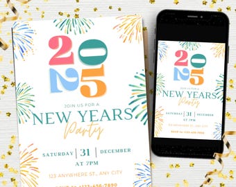 May include: A New Year's Party invitation and a smartphone displaying the same design. The invitation features the year "2025" in colourful block letters, the words "New Years Party", and event details. The smartphone shows the invitation on its screen.
