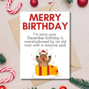 Kerstverjaardagskaart, Merry Birthdaymas Card, grappige verjaardagskaart, wenskaart, kaart voor verjaardag december, digitale kaart, afdrukbaar