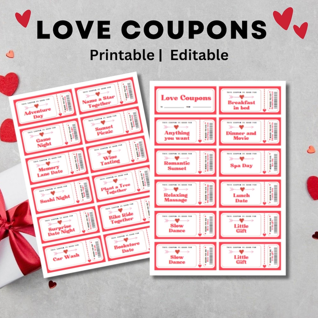 Printable Love Coupons for Him & Her , Valentines Coupon, Editable ...