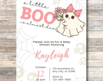 Invitación de baby shower fantasma, temática de Halloween de Little Boo (plantilla editable)