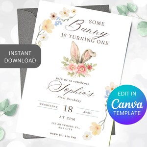 Bunny Birthday invitation, Some bunny is turning ONE birthday party, First Birthday Invite, Boho floral, Bunny Birthday Theme