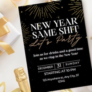 Digitale Silvesterpartyeinladung, druckbare Einladung, Frohes neues Jahr 2025, Neujahrsparty einladen, Silvester lädt ein, bearbeitbar