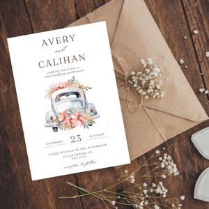 Minimalistische Hochzeitseinladung - VW Käfer Blumenmuster - Bearbeitbare Canva Vorlage - Digitaler Download zum Drucken oder digital Versenden