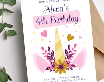 Editable Unicorn Birthday Invitation Template, Rainbow Party (Digital Download)