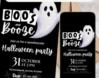 Invitación para fiesta de Halloween con bebidas y abucheos espeluznantes, plantilla editable de Canva (descarga instantánea)
