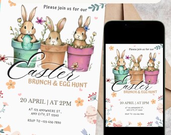 Easter Egg Hunt Invitation, Editable Bunny Brunch Invite (Canva Template)