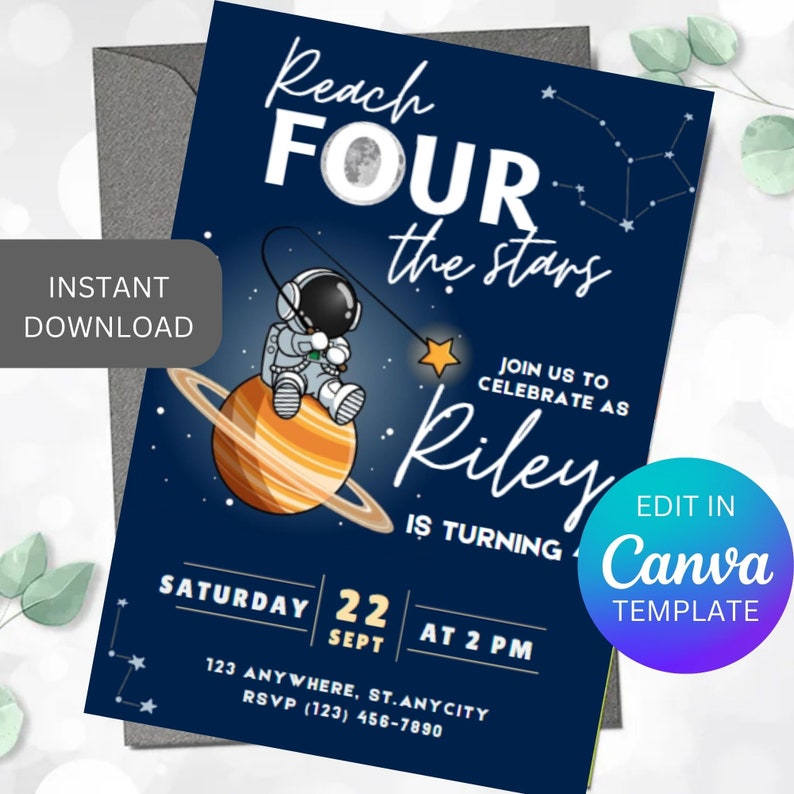 Reach Four the Stars Invitation, Outer Space Birthday Invitation ...