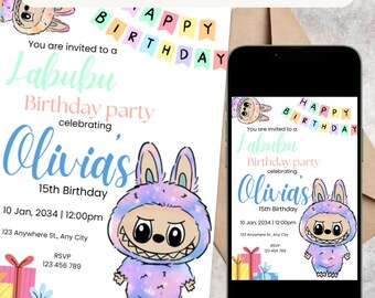 Labubu Birthday Party Invitation, Editable Canva Template (Instant Download)