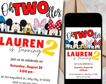 Mickey Mouse Birthday Invitation | Oh Twodles Birthday Invite | Editable Template | Printable |  Digital Invite
