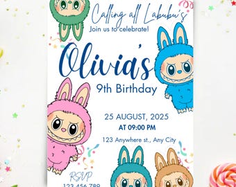 Labubu Birthday Invitation, Editable Canva Template (Instant Download)