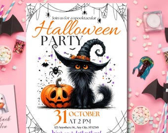 Spooky Cat Halloween Party Invitation, Editable Canva Template (Digital Download)