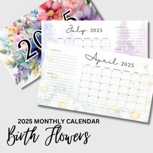 Printable 2025 Monthly Calendar | Birth Month Flower Calendar | Sunday Start | Floral Calendar | Printable | Instant Download
