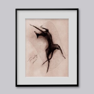 May include: Black ink drawing of a figure in motion, framed in a black frame. The artwork features a dark silhouette against a sepia-toned background. The words "Finally home" are handwritten in the lower left corner.