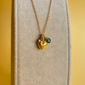 Custom Silver Protective Charm Necklace, Delicate Heart Jewelry, Evil Eye Necklace, Birthstone Necklace, Personalized Silver Gift Necklace