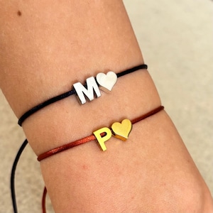 Pulsera de cordón con inicial personalizada, joyería de corazón de plata, pulsera de cordón ajustable, pulsera de letra personalizada, pulsera de la amistad para ella o para él