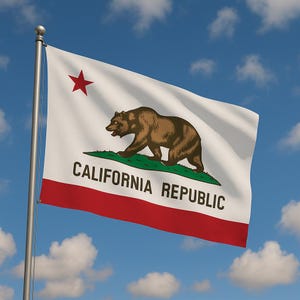 May include: The flag of California, showing a brown bear on green grass, a red star, and the words "CALIFORNIA REPUBLIC" on a white field. A red stripe is at the bottom. The flag is waving in the wind against a blue sky with clouds.