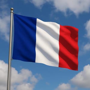 Puede incluir: La bandera francesa, un tricolor vertical de azul, blanco y rojo, ondea al viento contra un cielo azul brillante con nubes blancas y esponjosas. La bandera está montada en un mástil plateado.