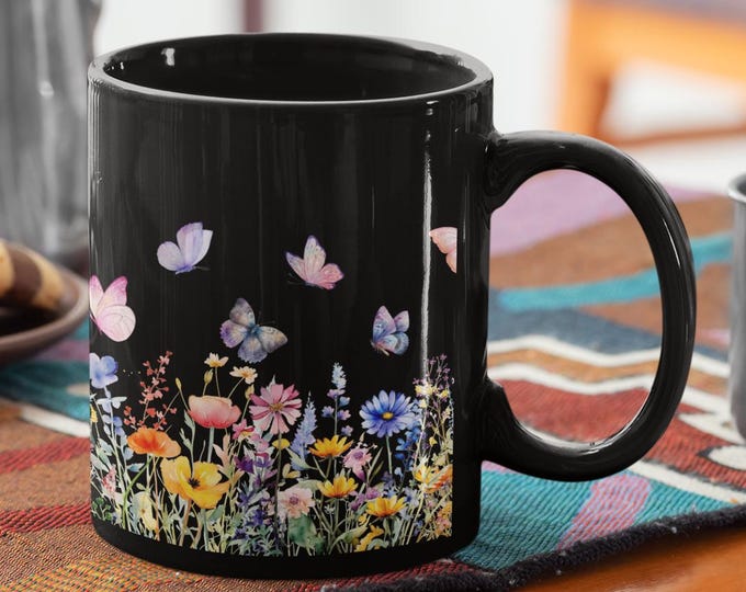 Wildflower Coffee Cup Nature Inspired Garden Theme Botanical Design Cottagecore Floral Pattern Butterfly Art Whimsical Style Morning Mug
