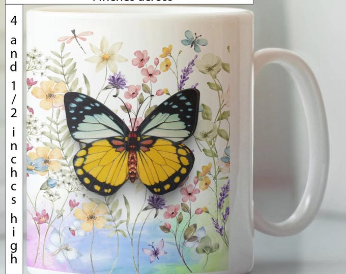 Butterfly Ceramic Mug for Mom Gift Idea for Spring Floral Design Kitchen Decor Coffee Cup Drinking Vessel Watercolor Art Cottagecore Style