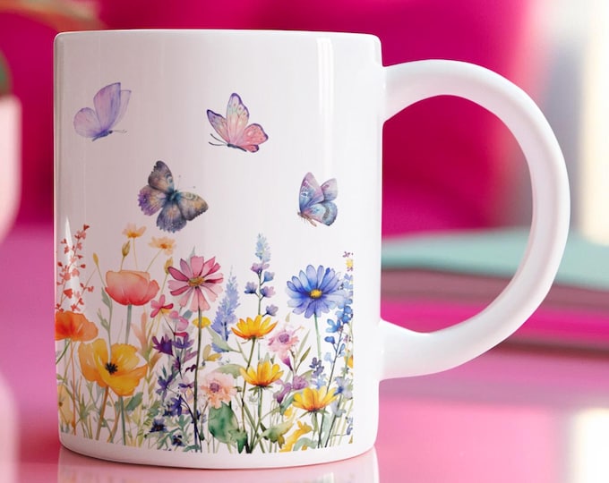 Wildflower Ceramic Mug Garden Theme Cottage Core Decor Nature Inspired Butterfly Art Floral Cup Botanical Gift Mother Day Drinking Vessel