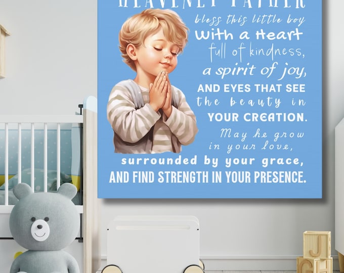 Baby Boy Room Art Prayer Design Cotton Canvas Print Blue Nursery Decor Christian Faith Child Prayer Illustration Perfect Bedroom Addition