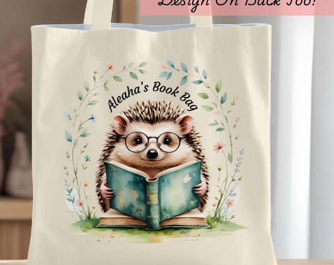 Cute Animal Bookworm Tote Bag With Name Custom Carryall Book Storage Library Bag For Reading Gift Idea With Hedgehog Floral Design Cotton
