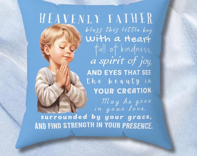 Christian Prayer Pillow Young Boy Design Blue Background Cushion Bedroom Faith Accent Baptism Gift Religious Room Decoration Art Child