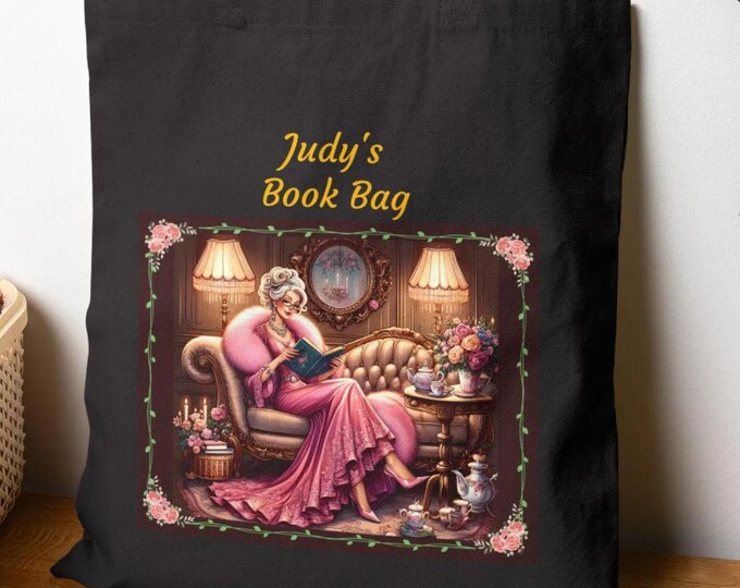 Custom Name Victorian Illustration Character Elegant Lady Design Book Lover Gift Reading Tote Black Cotton Travel Tote For Book Lovers Bag