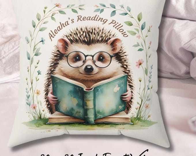 Hedgehog Reading Pillow Cozy Home Decor Gift for Book Lovers Reading Nook Cushion Kids Room Accessory Cute Animal Pillow AI Prompted Design