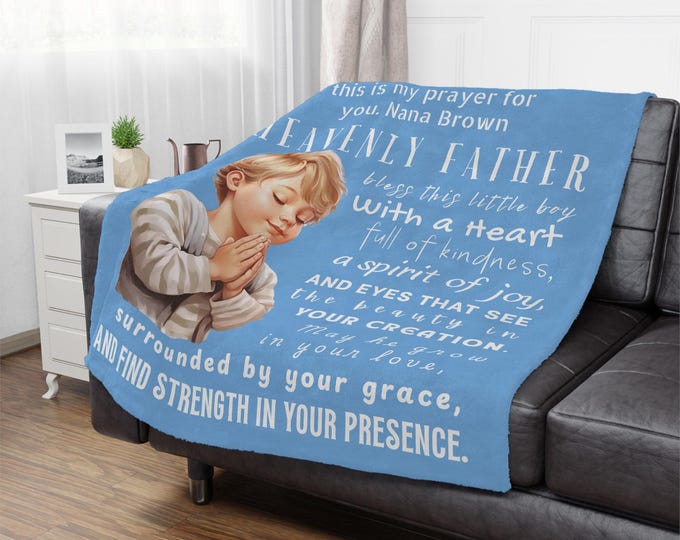 Christian Prayer Blanket Comfort Gift for Boy's Blessing Keepsake Religious Throw Blanket Soft Blue Coverlet Bedroom Decor Faith Inspiration