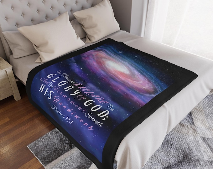 Cosmic Inspirational Minky Blanket - Galaxy Decor, Motivational Throw, Christian Gift, Psalm 19:1, Cozy Home Decor