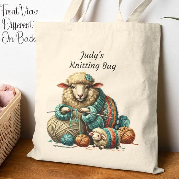 Personalized Knitting Tote Bag Design Sheep Illustration Craft Bag
