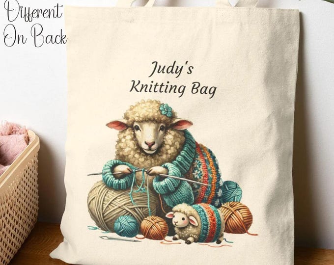 Knitting Sheep Cotton Canvas Tote Bag, Eco-Friendly Craft Bag, Gift for Knitters, Yarn Lover's Tote, Personalized Shopping Bag, Art Tote