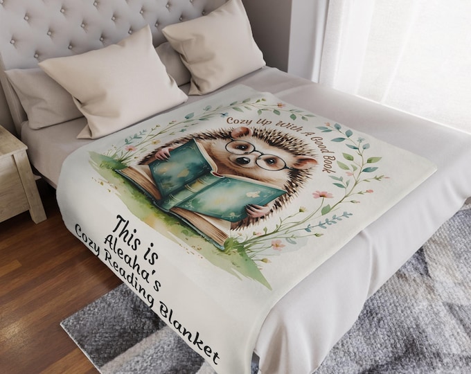 Personalized Reading Blanket Custom Design Watercolor Animal Hedgehog Gift Book Lover Reading Corner Cozy Throw Bedroom Decor Cute Literary