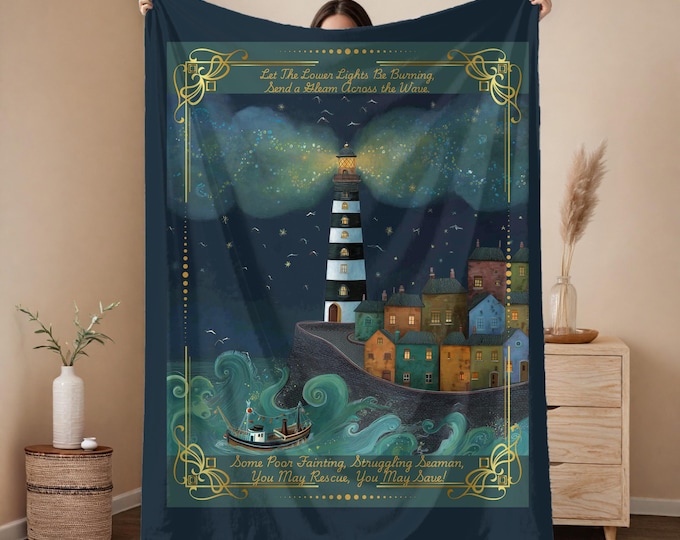 Sherpa Fleece Blanket, Cozy Lighthouse Nautical Home Decor, Beach Lover Gift, Cozy Night In, Ocean-Inspired Throw, Decorative Bedding