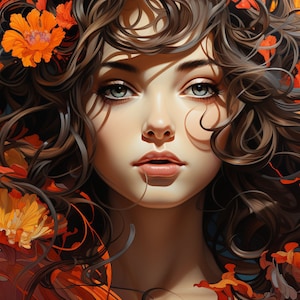 meisjesprint, vrolijke sfeerillustratie, decoratieschilderij, bloemenschilderij, interieurdecoratie, cyberpunkillustratie, moderne decoratie