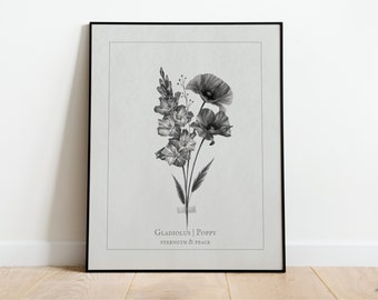 August Birth Flower Bouquet | Gladiolus & Poppy | Digital Art for Prints, Posters, Gallery Wall Art | Minimal | Birthday Housewarming Gift