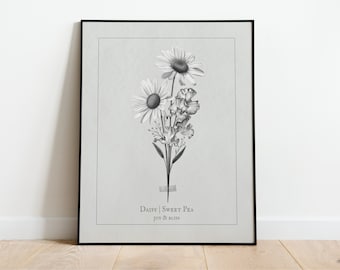 April Birth Flower Bouquet | Daisy and Sweet Pea | Digital Art for Prints, Posters, Gallery Wall Art | Minimal | Birthday Valentine Gift