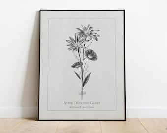 September Birth Flower Bouquet | Aster & Morning Glory  | Digital Art, Prints, Posters, Gallery Wall | Minimal | Birthday Housewarming Gift