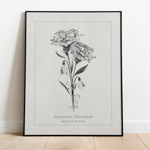 Ramo de flores de nacimiento de enero / Claveles y campanillas de invierno / Arte digital para impresiones, carteles, arte mural de galería / Minimalista / Regalos de cumpleaños