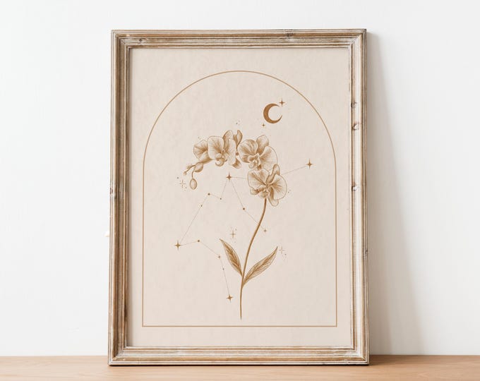 Aquarius Constellation & Birth Flower | January February Orchids | DIGITAL PRINT, Poster, Wall Art | Horoscope | Birthday Housewarming Gift