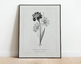 October Birth Flower Bouquet | Marigold & Cosmos  | Digital Art for Prints, Posters, Gallery Wall | Minimal | Birthday Housewarming Gift
