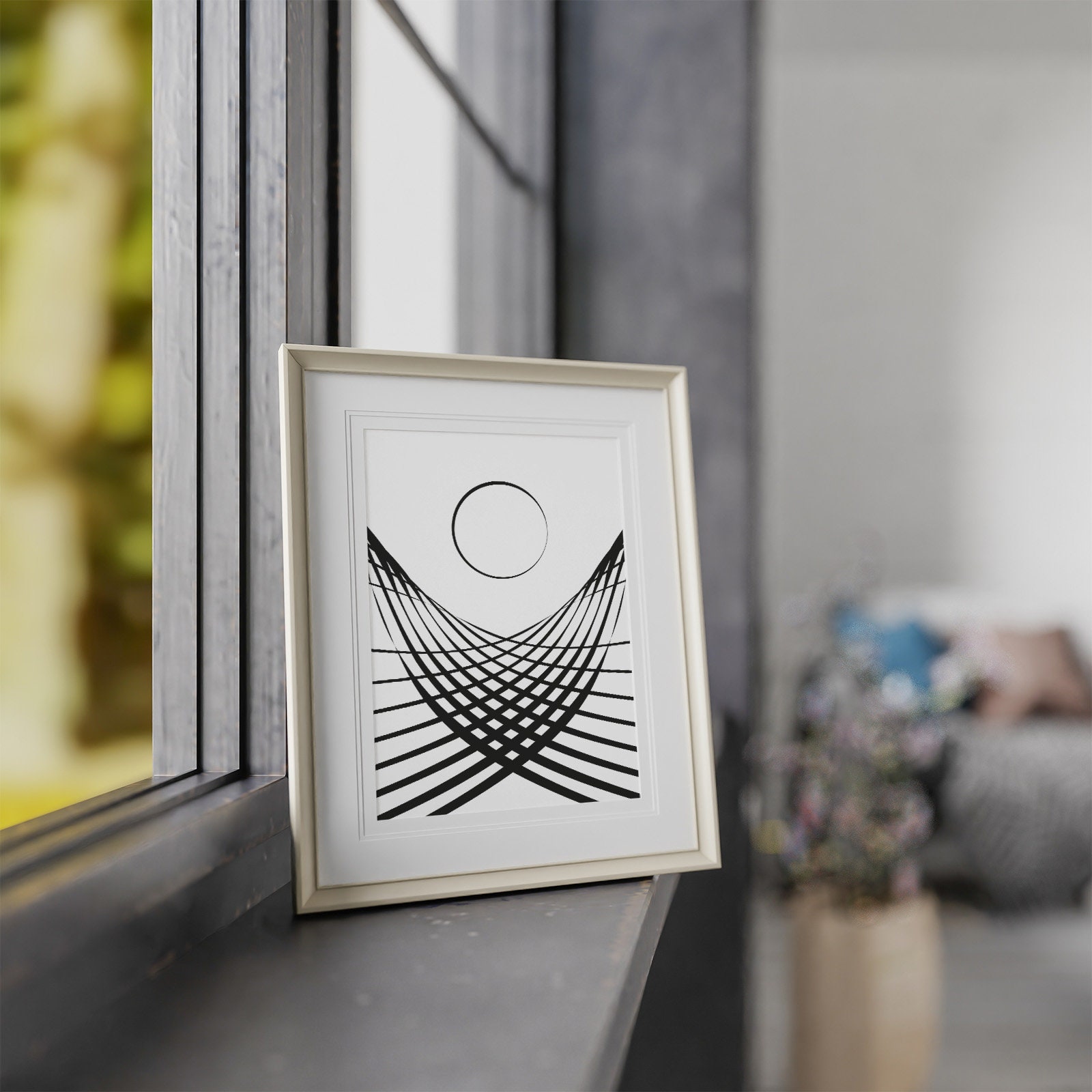 Sun Moon Art, Black Lines Wall Art, Abstract Black Lines Art, Sun