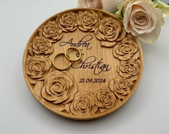 Personalisierte Kirschholz-Ringschale mit 3D-Blumenverzierung (Rose) - Ideal für Hochzeiten